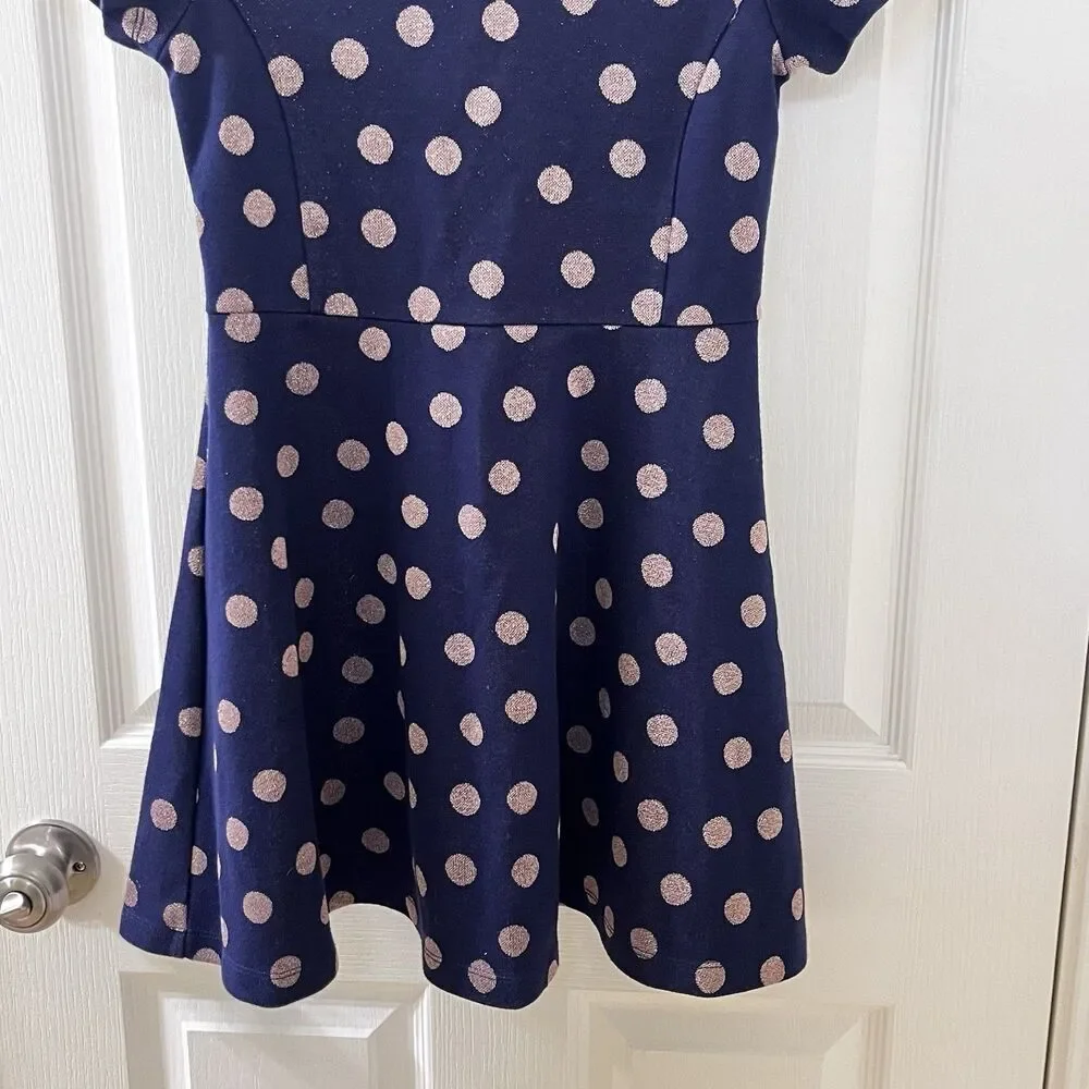 Johnnie B by Boden Navy Blue Gold Polka Dot Dress Fit & Flare Girls Size 9-10